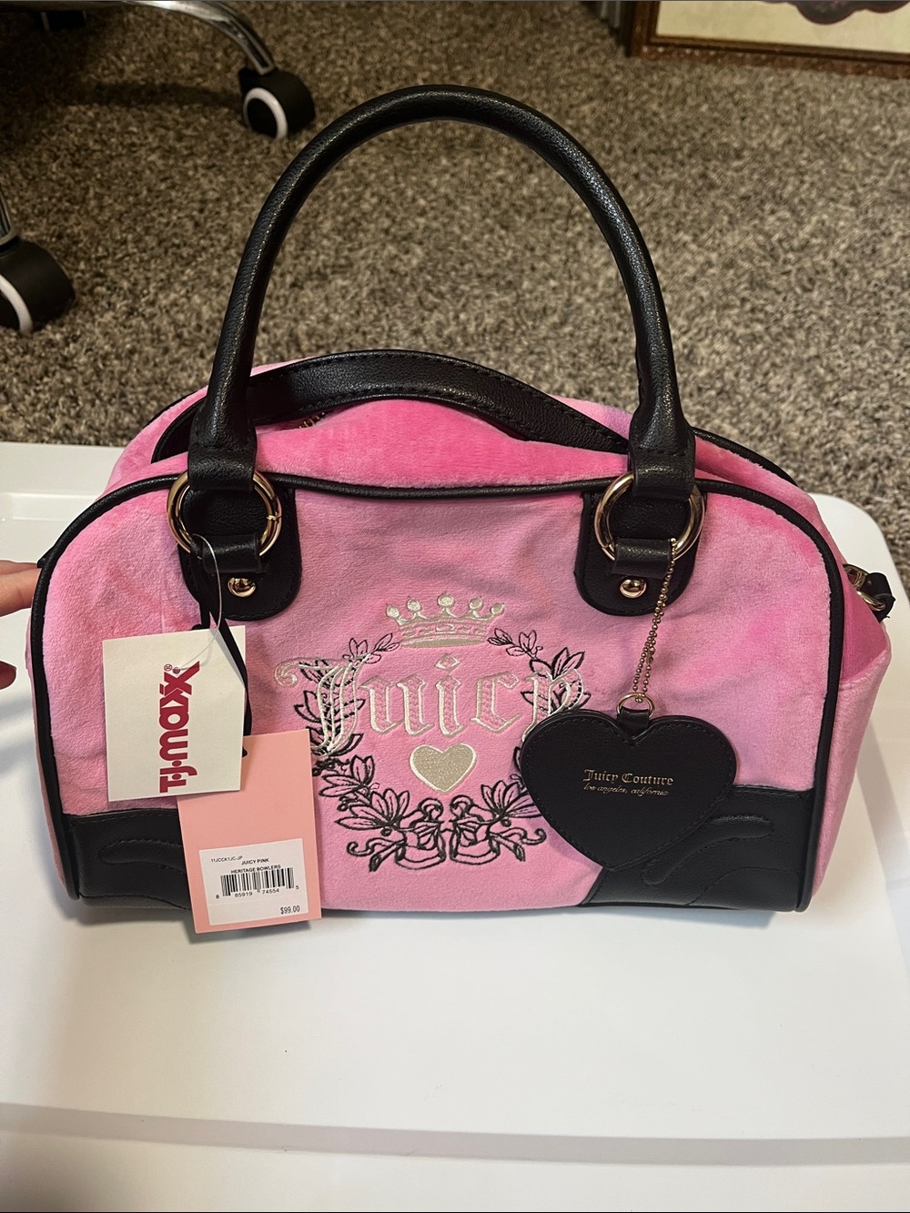 Juicy Couture Pink Velvet Satchel with Black Trim and Heart Charm